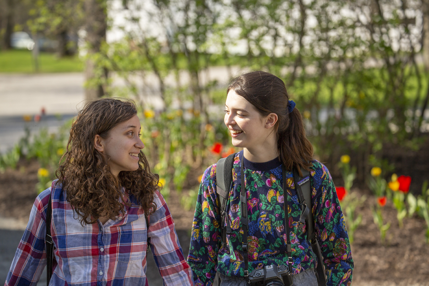 Two students walking and talking on a sunny spring day